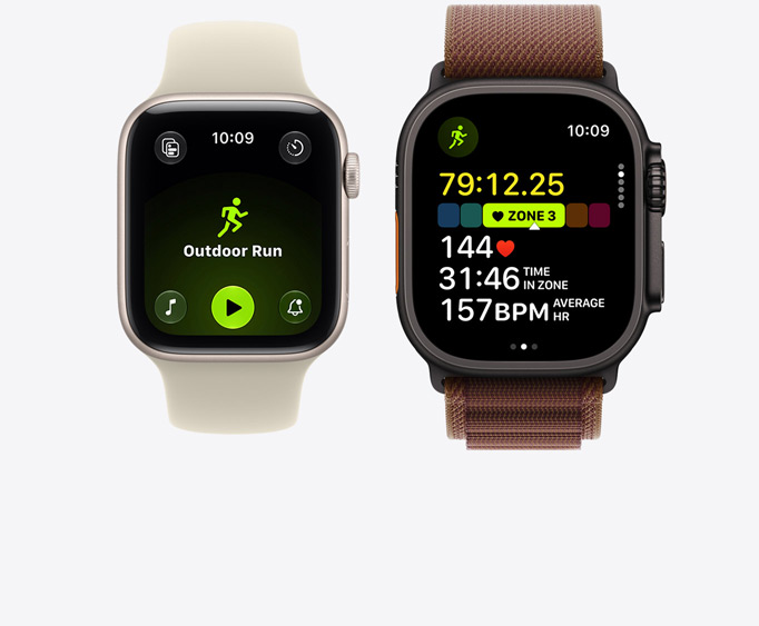 Apple Watch Series 12, alumiinikuori, värinä vaalea kulta, Ulkojuoksu-treeni avoinna ja Apple Music ‑toistosäätimet, Apple Watch Ultra 4, titaanikuori, värinä musta, Juoksu-treeni avoinna, syke alueella 3