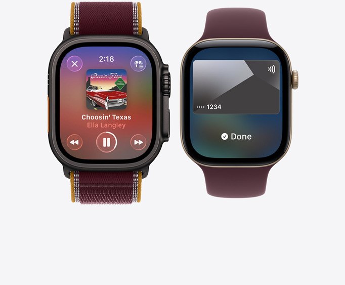 Apple Watch Ultra 4, titaanikuori, värinä musta, Apple Music -appi, Toistossa nyt ‑näyttö, Trail-ranneke, värinä viininpunainen; Apple Watch Series 12, alumiinikuori, värinä vaalea kulta, Apple Pay ‑näyttö, Apple Card, Sport Loop ‑ranneke, värinä viininpunainen
