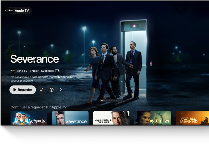 App Apple TV, titre mis en avant : Severance, des personnes sortent d’un ascenseur et descendent dans un parking, la rangée Continuer à regarder se trouve en dessous