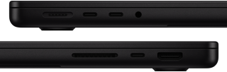 Παρουσίαση των θυρών στο MacBook Pro — αριστερή πλευρά: Magsafe 3, δύο θύρες Thunderbolt και υποδοχή ακουστικών — δεξιά πλευρά: υποδοχή κάρτας SDXC, μία θύρα Thunderbolt και HDMI
