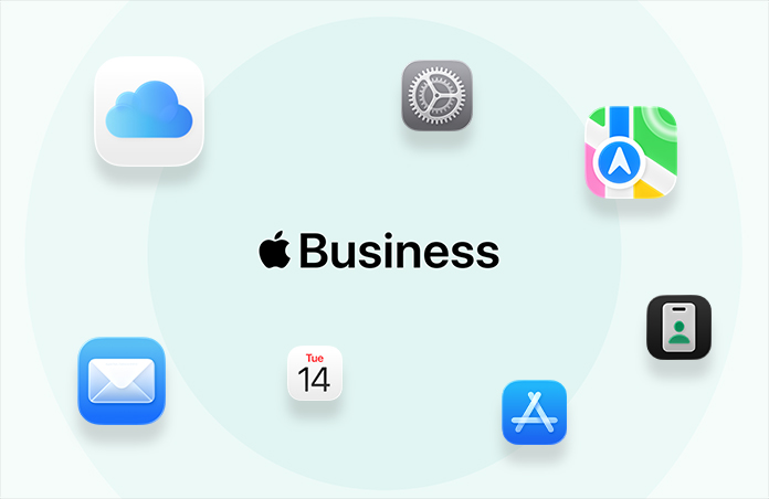 Apple Business，周圍環繞不同 app 的圖示，iCloud、地圖、AppleCare 服務計劃、郵件、日曆、AppStore、Apple 商務 app。