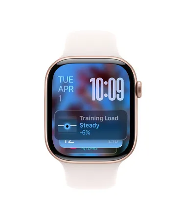 Apple Watch Series 11, rose gold color, aluminum case, Smart Stack hint, light blush Sport Band