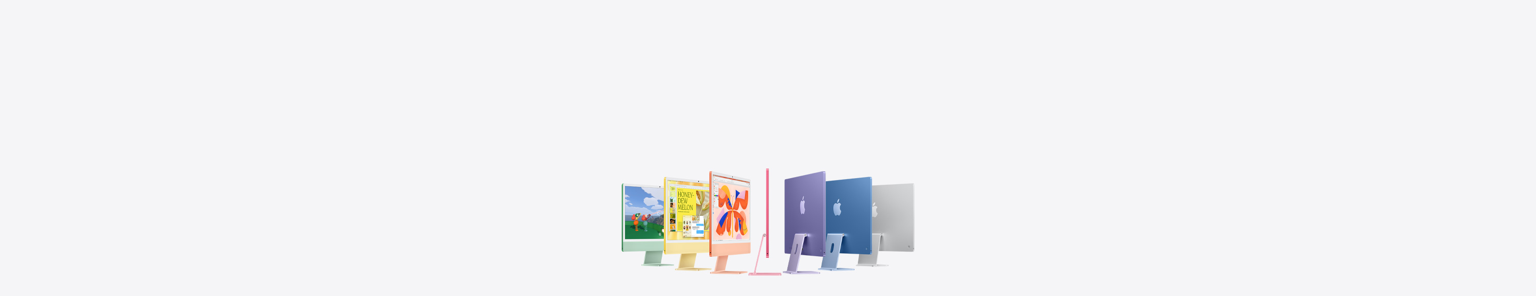 Seven iMac models in colors green, yellow, orange, pink, purple, blue, and silver, in an accordion arrangement