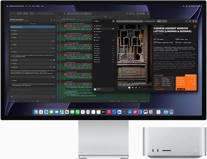 Studio Display XDR, screen shows document in process in LM Studio, Mac Studio, front view