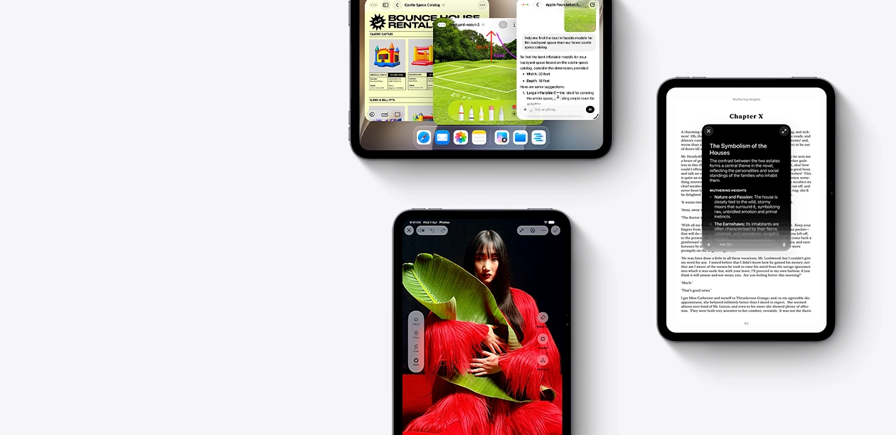 多部 iPad mini 裝置的正面圖，螢幕顯示不同的 app。