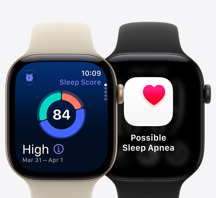 Apple Watch Series 12 裝置：淺金色鋁金屬錶殼，配搭沙色 (淡杏啡色) 運動錶帶，螢幕顯示睡眠分數；黑色鋁金屬錶殼，配搭黑色運動錶帶，螢幕顯示疑似睡眠窒息通知