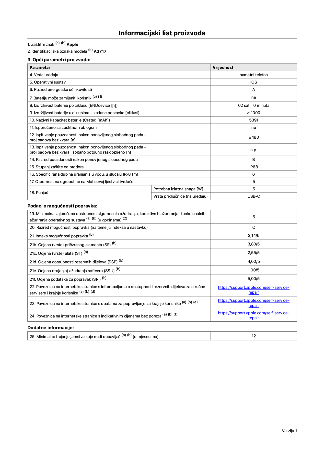 List s informacijama o proizvodu za iPhone 18 Pro Max, model A3717. Isporučuje Apple Distribution International Limited, Hollyhill Industrial Estate. Cork, Irska, T23 YK84. Vrsta uređaja: pametni telefon. Operativni sustav: iOS. Klasa energetske učinkovitosti: A. Baterija koju može zamijeniti korisnik: ne. Trajanje baterije po ciklusu: 62 sata. Trajanje baterije u ciklusima - zadane postavke: 1000 ili više. Nazivni kapacitet baterije: 5391 mAh. Isporučuje se za zaštitnom maskom: ne. Test pouzdanosti pri višekratnim slobodnim padovima – broj padova bez kvara: 180 ili više. Test pouzdanosti pri višekratnim slobodnim padovima – broj padova bez kvara testiranih u potpuno proširenom stanju: nije primjenjivo. Ponovljeni slobodni pad u klasi pouzdanosti: B. Ocjena zaštite od prodiranja: IP68. Specificirana dubina uranjanja u vodu, u slučaju zaštite IPx8: 6 metara. Otpornost na grebanje zaslona na Mohsovoj ljestvici tvrdoće: 5. Potrebna izlazna snaga punjača: 5 W. Vrsta utičnice punjača (na strani uređaja): USB-C. Minimalna zajamčena dostupnost sigurnosnih ažuriranja operativnog sustava, korektivnih ažuriranja i ažuriranja funkcija: 5 godina. Klasa popravljivosti: C. Indeks popravljivosti: 3.14/5. Ocjena dubine rastavljanja (SDD): 2.75/5. Ocjena pričvrsnih elemenata: 3.80/5. Ocjena alata: 2.55/5. Ocjena rezervnih dijelova: 4.00/5. Ocjena ažuriranja softvera: 1.00/5. Ocjena informacija o popravcima: 5.00/5. Poveznica koja vodi do informacija o dostupnosti rezervnih dijelova za profesionalne servisere i krajnje korisnike: https://support.apple.com/self-service-repair. Poveznica za upute za popravljanje za krajnje korisnike: https://support.apple.com/self-service-repair. Poveznica za indikativne cijene prije poreza: https://support.apple.com/self-service-repair. Ponuđeno je 12-mjesečno općenito jamstvo.