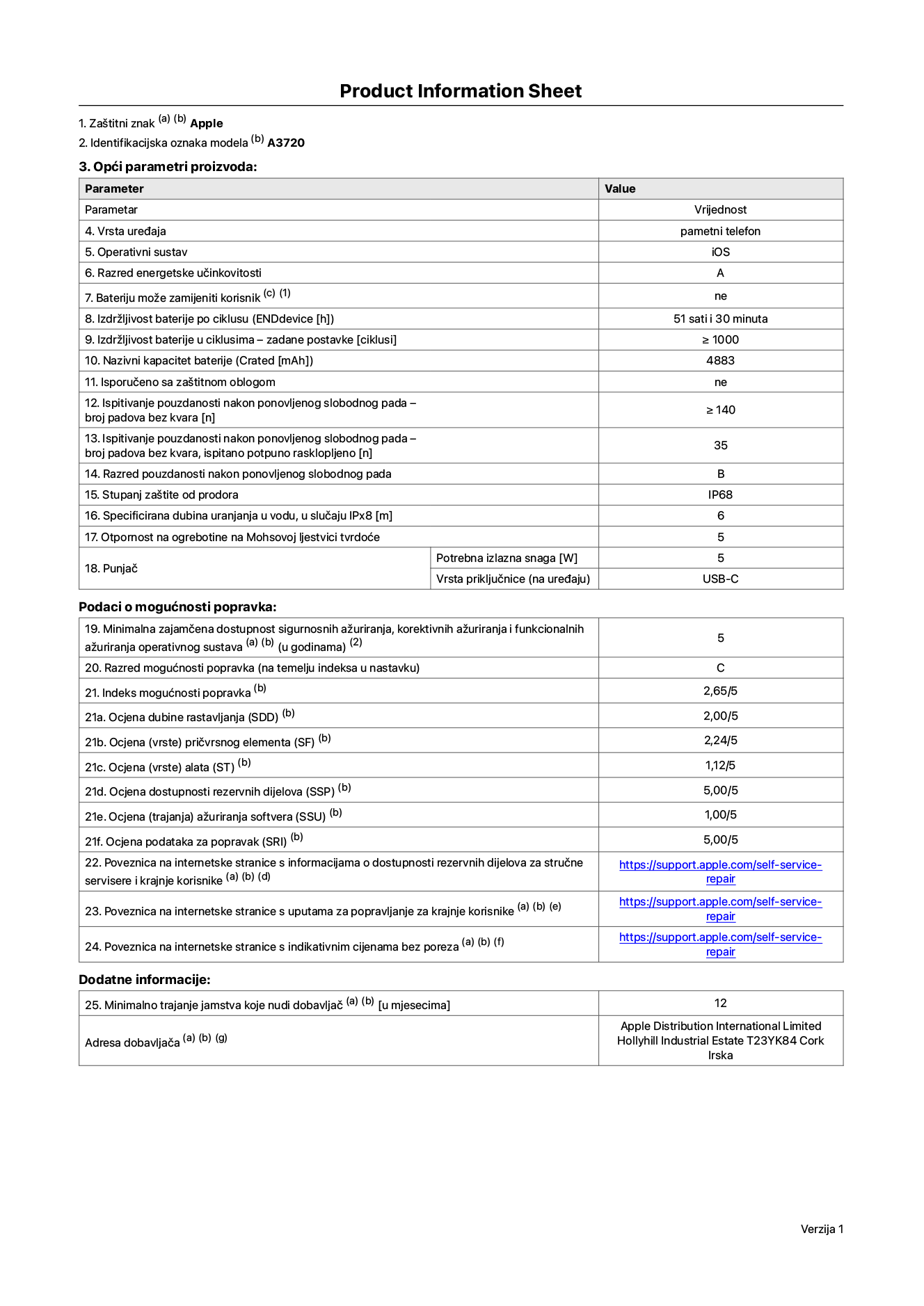 List s informacijama o proizvodu za iPhone Pro, model A3720. Isporučuje Apple Distribution International Limited, Hollyhill Industrial Estate. Cork, Irska, T23 YK84. Vrsta uređaja: pametni telefon. Operativni sustav: iOS. Klasa energetske učinkovitosti: A. Baterija koju može zamijeniti korisnik: ne. Trajanje baterije po ciklusu: 51 sat 30 minuta. Trajanje baterije u ciklusima - zadane postavke: 1000 ili više. Nazivni kapacitet baterije: 4883 mAh Isporučeno sa zaštitnom maskom: ne. Test pouzdanosti pri višekratnim slobodnim padovima – broj padova bez kvara: 140 ili više. Test pouzdanosti pri višekratnim slobodnim padovima – broj padova bez kvara testiranih u potpuno proširenom stanju: 35. Ponovljeni slobodni pad u klasi pouzdanosti: B. Ocjena zaštite od prodiranja: IP68. Specificirana dubina uranjanja u vodu, u slučaju zaštite IPx8: 6 metara. Otpornost na grebanje zaslona na Mohsovoj ljestvici tvrdoće: 5. Potrebna izlazna snaga punjača: 5 W. Vrsta utičnice punjača (na strani uređaja): USB-C. Minimalna zajamčena dostupnost sigurnosnih ažuriranja operativnog sustava, korektivnih ažuriranja i ažuriranja funkcija: 5 godina. Klasa popravljivosti: C. Indeks popravljivosti: 2,65/5. Ocjena dubine rastavljanja (SDD): 2,00/5. Ocjena pričvrsnih elemenata: 2,24/5. Ocjena alata: 1,12/5. Ocjena rezervnih dijelova: 5,00/5. Ocjena ažuriranja softvera: 1.00/5. Ocjena informacija o popravcima: 5.00/5. Poveznica koja vodi do informacija o dostupnosti rezervnih dijelova za profesionalne servisere i krajnje korisnike: https://support.apple.com/self-service-repair. Poveznica za upute za popravljanje za krajnje korisnike: https://support.apple.com/self-service-repair. Poveznica za indikativne cijene prije poreza: https://support.apple.com/self-service-repair. Ponuđeno je 12-mjesečno općenito jamstvo.
