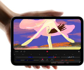 iPad mini egy kézben, elölnézetből, a kijelzőn videószerkesztő felület színes klipekkel, alatta megemlítve az A20 Pro chip