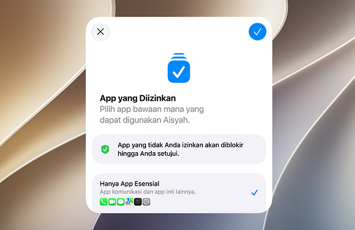 Layar Asisten Pengaturan menampilkan kemampuan orang tua atau wali untuk meninjau dan menyetujui aplikasi untuk Akun Anak.