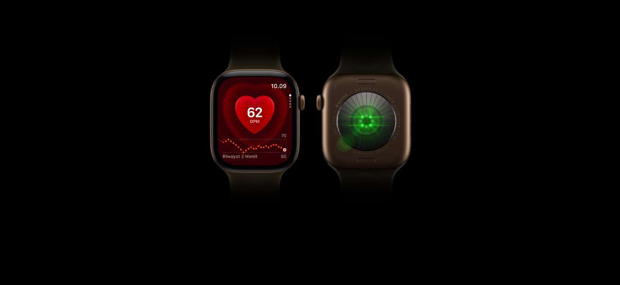 Two Apple Watch Series 12 devices, aluminum case, dark bronze color, olive Sport Band, one showing front of watch with Heart Rate app, one showing back of watch with Health Sensing System with glowing green LED lights