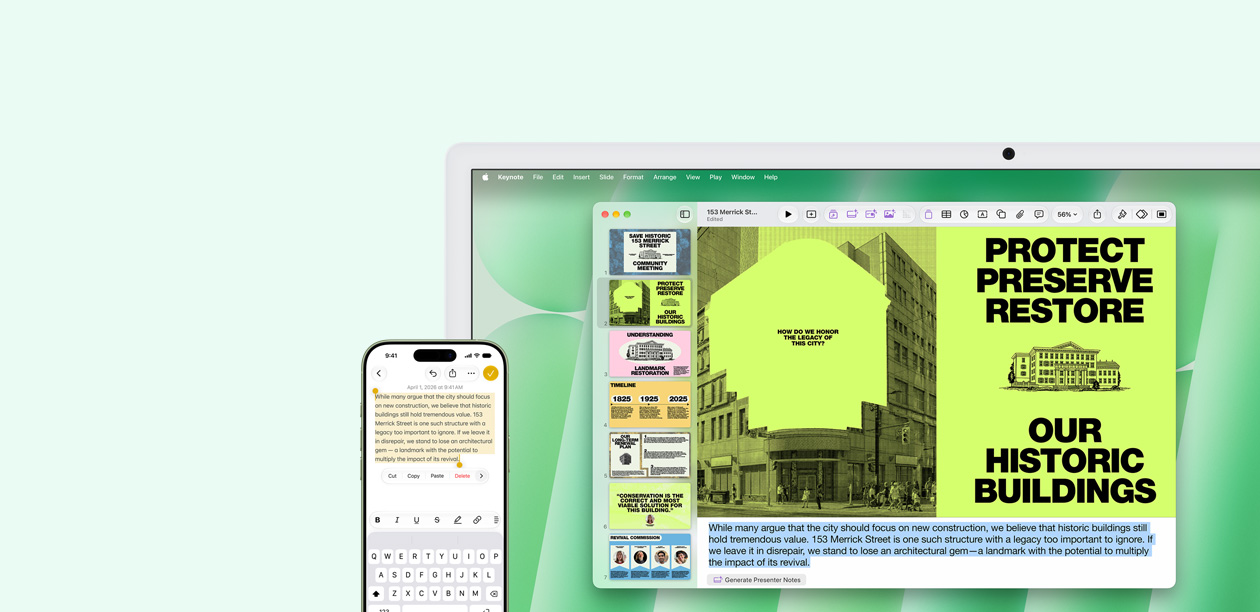 iMac dan iPhone, berdampingan. Teks dari aplikasi Catatan iPhone disalin dan ditempel ke iMac