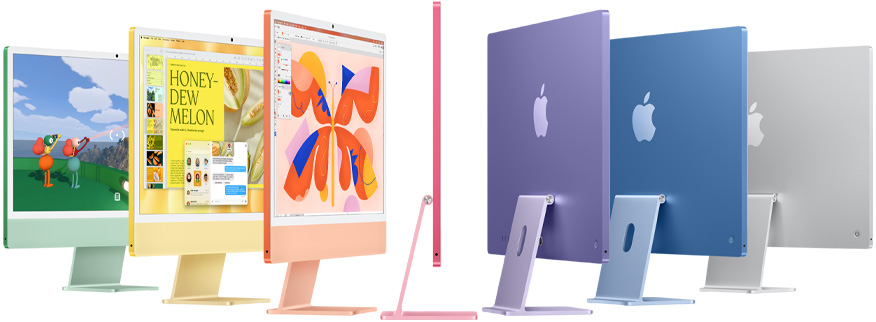 Tujuh model iMac dalam warna hijau, kuning, oranye, pink, ungu, biru, dan perak, dalam susunan akordeon