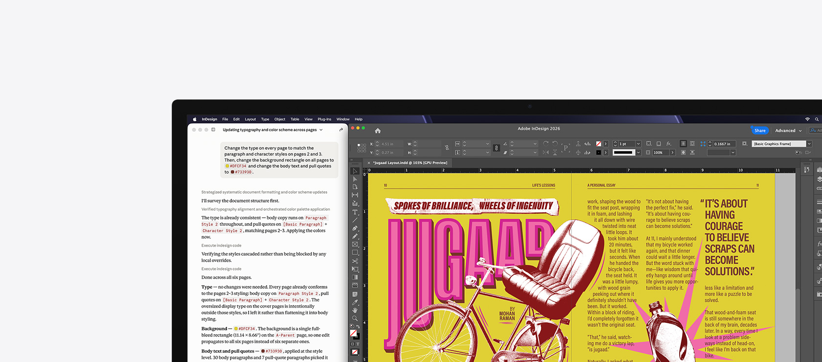 Adobe InDesign 2026, prompt generatif digunakan di jendela kedua untuk mendesain poster