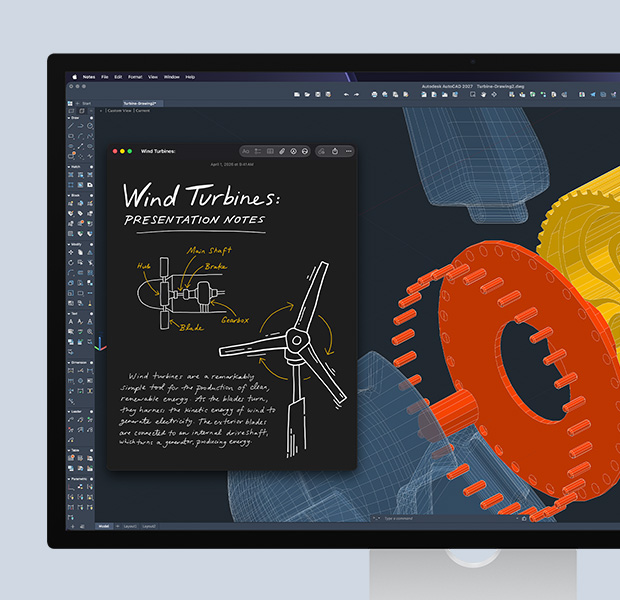 Studio Display, perangkat lunak Autodesk AutoCAD terbuka, pekerjaan STEM ditampilkan di layar, di samping aplikasi Catatan