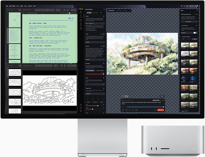 Studio Display XDR, layar menampilkan gambar arsitektur di Draw Things, Pages, dan Keynote, Mac Studio, tampilan depan