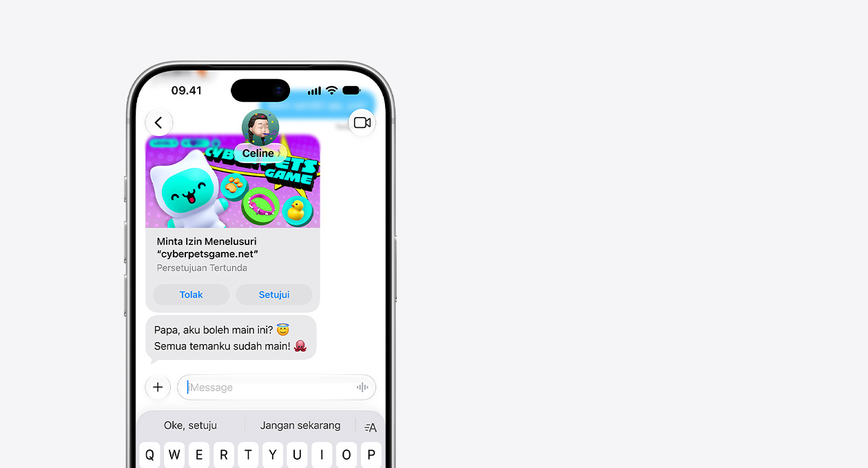 iPhone 18 Pro, Perak, dua pertiga bagian atas terlihat, layar depan menampilkan pesan teks dengan jepretan layar cyberpetsgame.net, tombol Tolak dan Setujui di bawah grafis, teks pesan, Papa, boleh saya cek ini? Semua teman saya sudah main