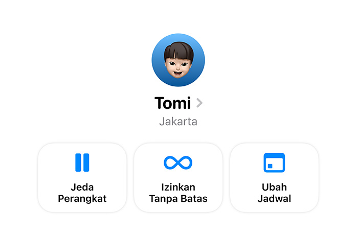 Opsi aplikasi Pengaturan untuk orang tua untuk Menjeda Penggunaan Perangkat, Izinkan Penggunaan Tak Terbatas, atau Ubah Jadwal untuk anak mereka