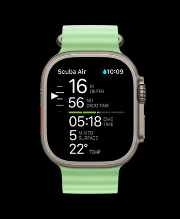 Apple Watch Ultra 3, natural colour, titanium case, Oceanic+ dive metrics: depth, deco time, dive time, minutes to surface, water temperature, Ocean Band, neon green colour