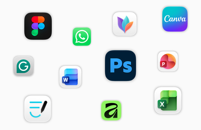 Various app icons floating on screen, including Adobe Photoshop, Canva, Microsoft Excel and Figma
