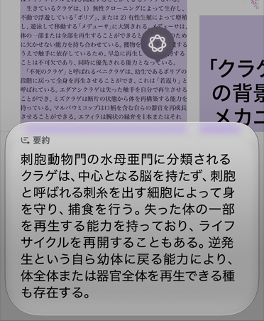 画像検索を使ってクラゲの生態に関する記事の一部分を要約している様子を示した画面