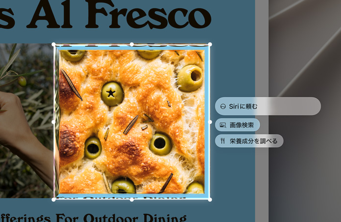 ビジュアルインテリジェンスの機能が示されている。フォカッチャに焼き込まれたオリーブの画像が強調表示され、その右側に「Siriに頼む」「画像検索」「栄養成分を調べる」のボックスが表示されている