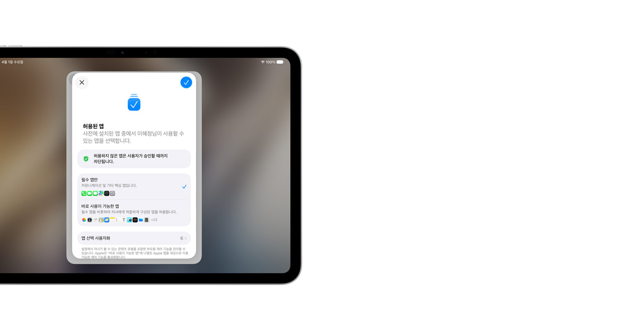 실버 색상 iPad Pro 11 화면에 부모가 자녀를 대신해 선택할 수 있는 앱들이 표시된 설정 지원 앱이 보입니다