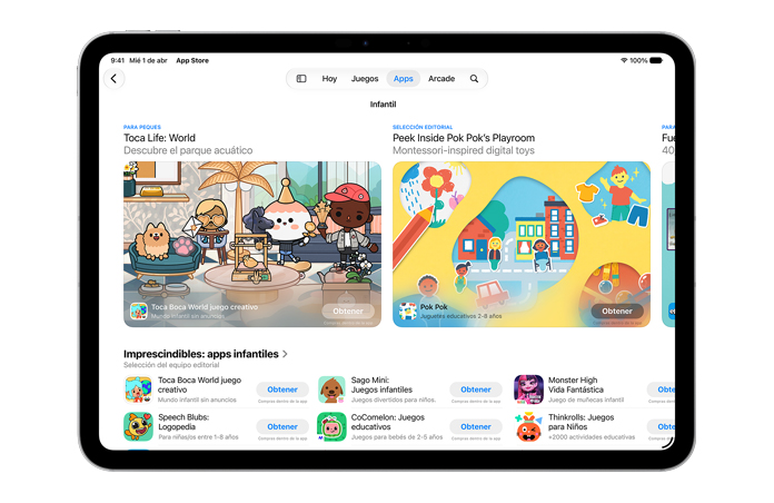 Pantalla que muestra la sección para peques en el App Store.