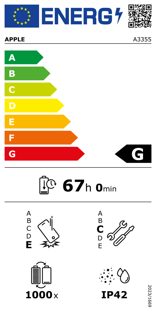 ES energijos vartojimo klasės QR kodas ir informacija, „Apple“ modelis A3355, G klasė, energijos vartojimo klasės (skalė nuo A iki G), nuo A (didžiausias efektyvumas) iki G (mažiausias efektyvumas), baterijos veikimo trukmė vienu ciklu, 67 val. ir 0 min. esant visiškai įkrautai baterijai, pakartotinio laisvo kritimo patikimumo klasė E, nuo A (didžiausias patvarumas) iki E (mažiausias patvarumas), pritaikymo remontuoti klasė C, nuo A (labiausiai pritaikytas remontuoti) iki E (mažiausiai pritaikytas remontuoti), 1 000 baterijos veikimo ciklų, apsaugos nuo dulkių ir vandens (IP) klasė IP42, reglamentas 2023/1669