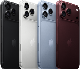 „iPhone 18 Pro“ telefonai išrikiuoti eilėje, galinė pusė, visos keturios spalvos: juoda, ledynų, sidabro, Burgundijos, „Pro Fusion“ kamerų sistema viršutiniame kairiajame kampe, 3 objektyvai, mikrofonas, blykstė