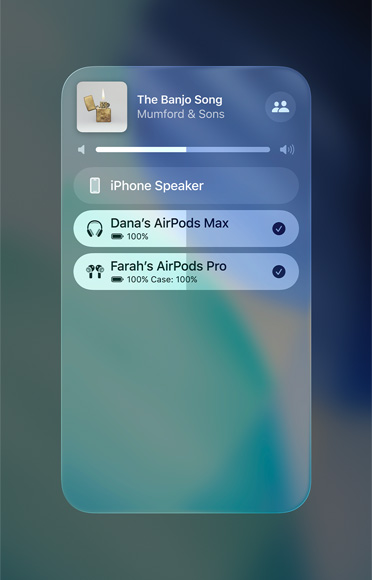 AirPlay screen on iPhone showing how to easily share an audio stream between two sets of AirPods
