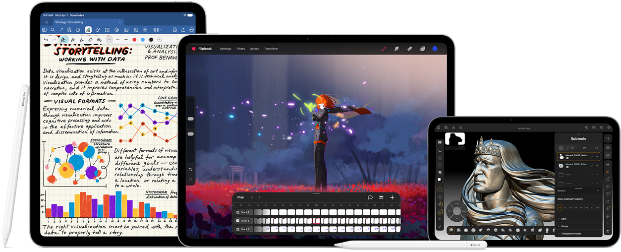 صورة لقلم Apple Pro وقلم Apple ‏‏(USB-C) بجوار أجهزة iPad متعددة تعرض أمثلة لملاحظات مكتوبة بخط اليد ورسومات توضيحية ملونة تم إنشاؤها باستخدام قلم Apple.