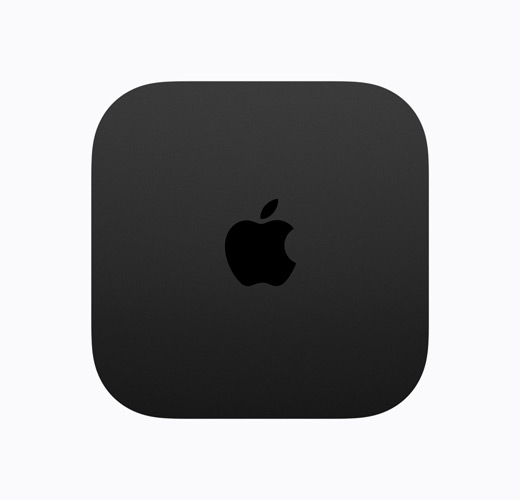 Apple TV 4K, black color, top exterior, glossy black Apple TV logo