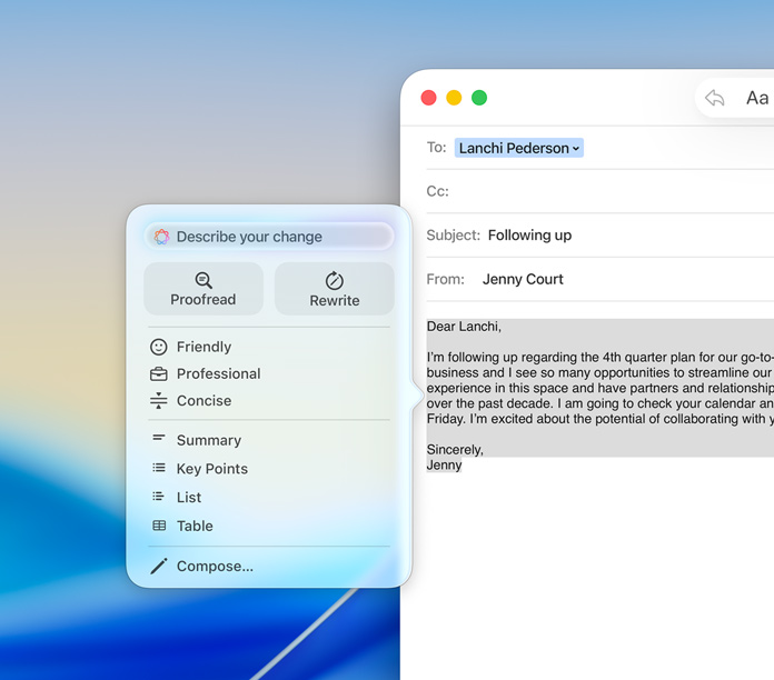 Mail app with an Apple Intelligence Writing Tools panel showing options to proofread, rewrite, and adjust tone