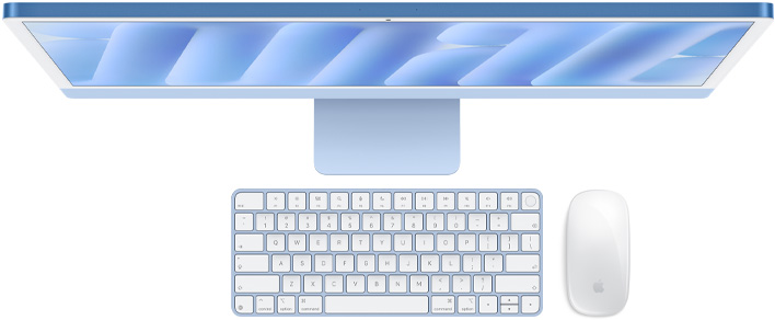 جهاز iMac باللون الأزرق، الجزء العلوي الخارجي، مع ماجيك ماوس ولوحة مفاتيح ماجيك مع ميزة بصمة الإصبع