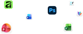 أيقونات لتطبيقات متنوعة تطفو على الشاشة، ومن بينها Microsoft Word وAdobe Photoshop وCanva وFigma