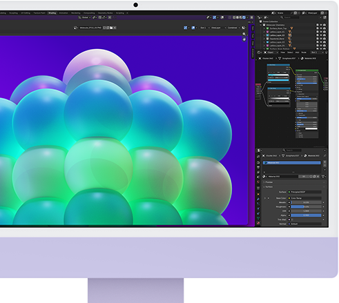 جهاز iMac، الجهة الخارجية الأمامية، لون ليلكي، يعرض مجموعة فقاعات مفعمة بالألوان في تطبيق لتعديل الصور