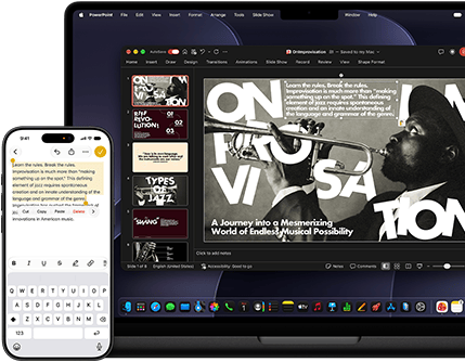 جهاز iPhone مع نص مميز في تطبيق الملاحظات، جهاز MacBook Pro مع شريحة مفتوحة في PowerPoint، النص من تطبيق الملاحظات ظاهر على الشريحة