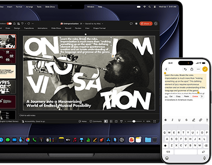 iPhone with text highlighted in the Notes app, MacBook Pro with a PowerPoint slide open, text from Notes app is visible on the slide