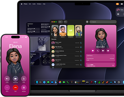 جهاز MacBook Pro وجهاز iPhone، تطبيق الهاتف مفتوح، جهة الاتصال نفسها معروضة على الشاشتين