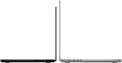 جهاز MacBook Pro مقاس 14 إنش بلون أسود فلكي إلى جانب جهاز MacBook Pro مقاس 16 إنش بلون فضي