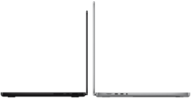 جهاز MacBook Pro مقاس 14 إنش بلون أسود فلكي إلى جانب جهاز MacBook Pro مقاس 16 إنش بلون فضي
