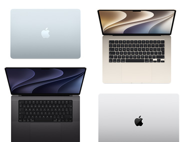 Four Mac computers of various models, sizes, and colors, demonstrating the range of customization