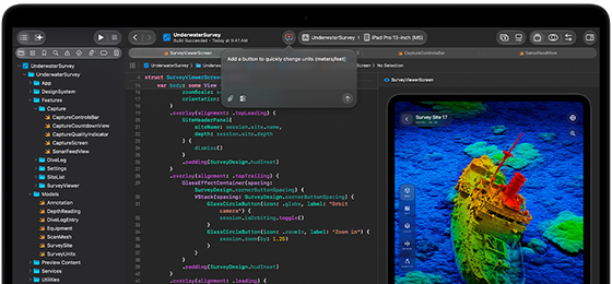 MacBook Pro screen showing AI-assistant integration within Xcode