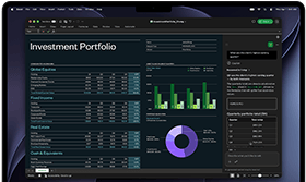 MacBook Pro screen showing Excel spreadsheet with investment portfolio data, green bar chart, purple donut chart, and Copilot sidebar with quarterly totals