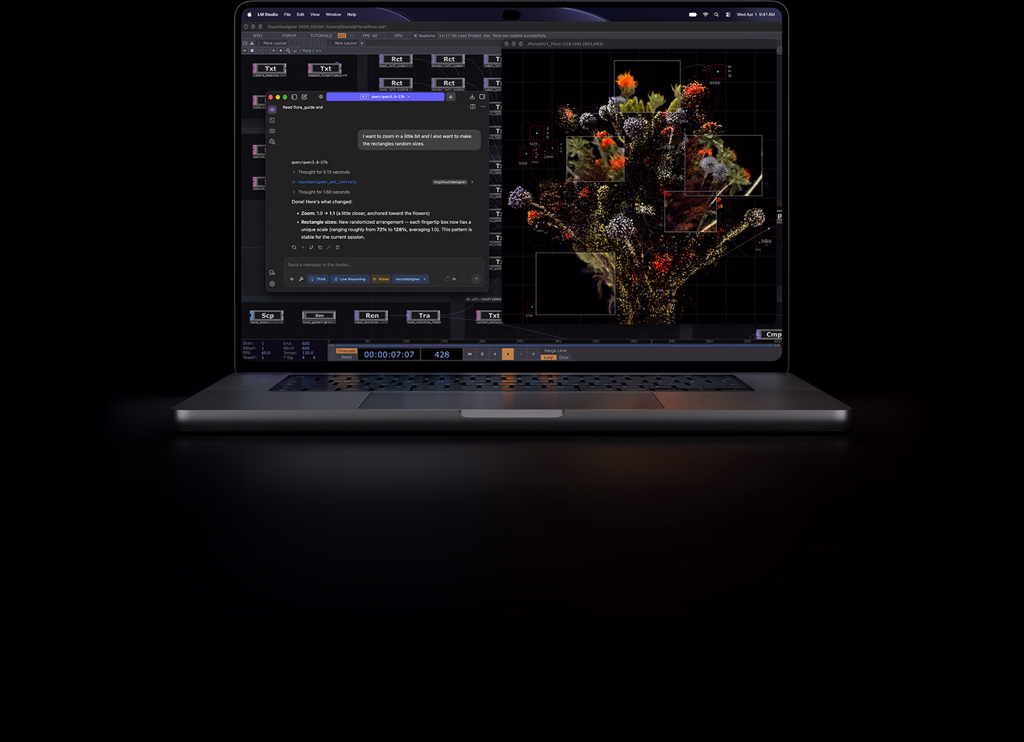 16-inch MacBook Pro with PROLED XDR Display, silver color, screen shows an image being created using TouchDesigner and LM Studio