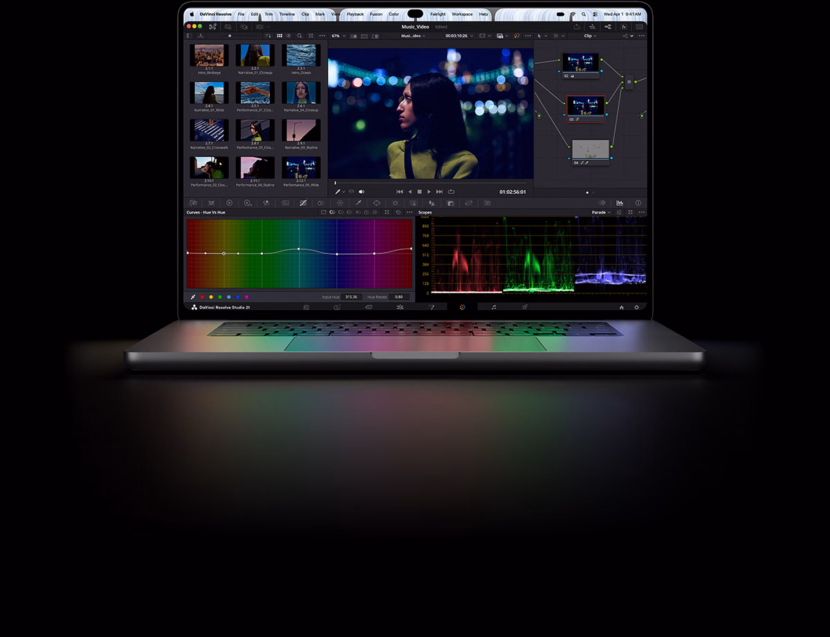 MacBook Pro with PROLED XDR Display, silver color, screen shows a film being edited in DaVinci Resolve Studio
