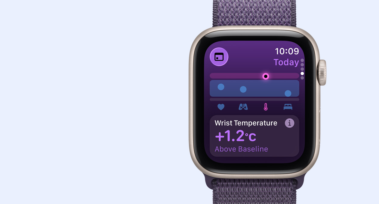 Apple Watch SE 3, aluminium case, starlight colour, wrist temperature metrics, right side exterior, Digital Crown, band, Sport Loop, purple fog colour