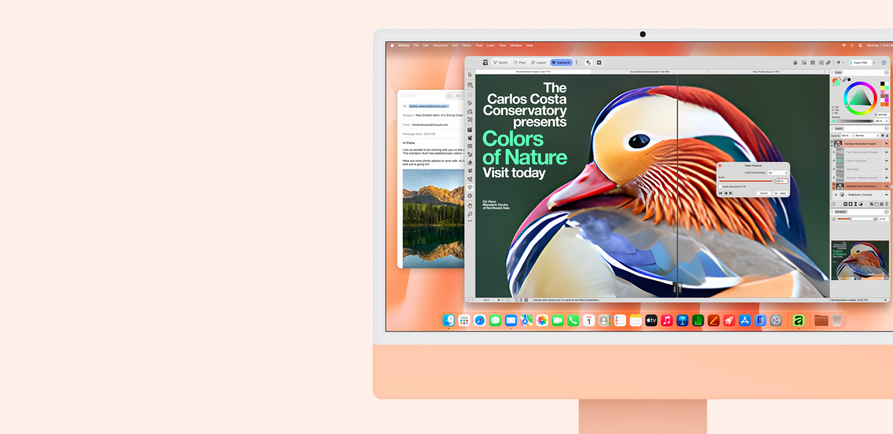 iMac, front exterior, orange color, displaying Siri AI conversation for bike path recommendations, and Safari browser with a bike website