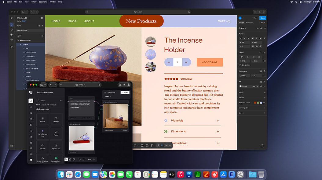 A sharply detailed graphic design image is finalized in a design app, demonstrating the GPU power of Mac mini with M4 and M4 Pro